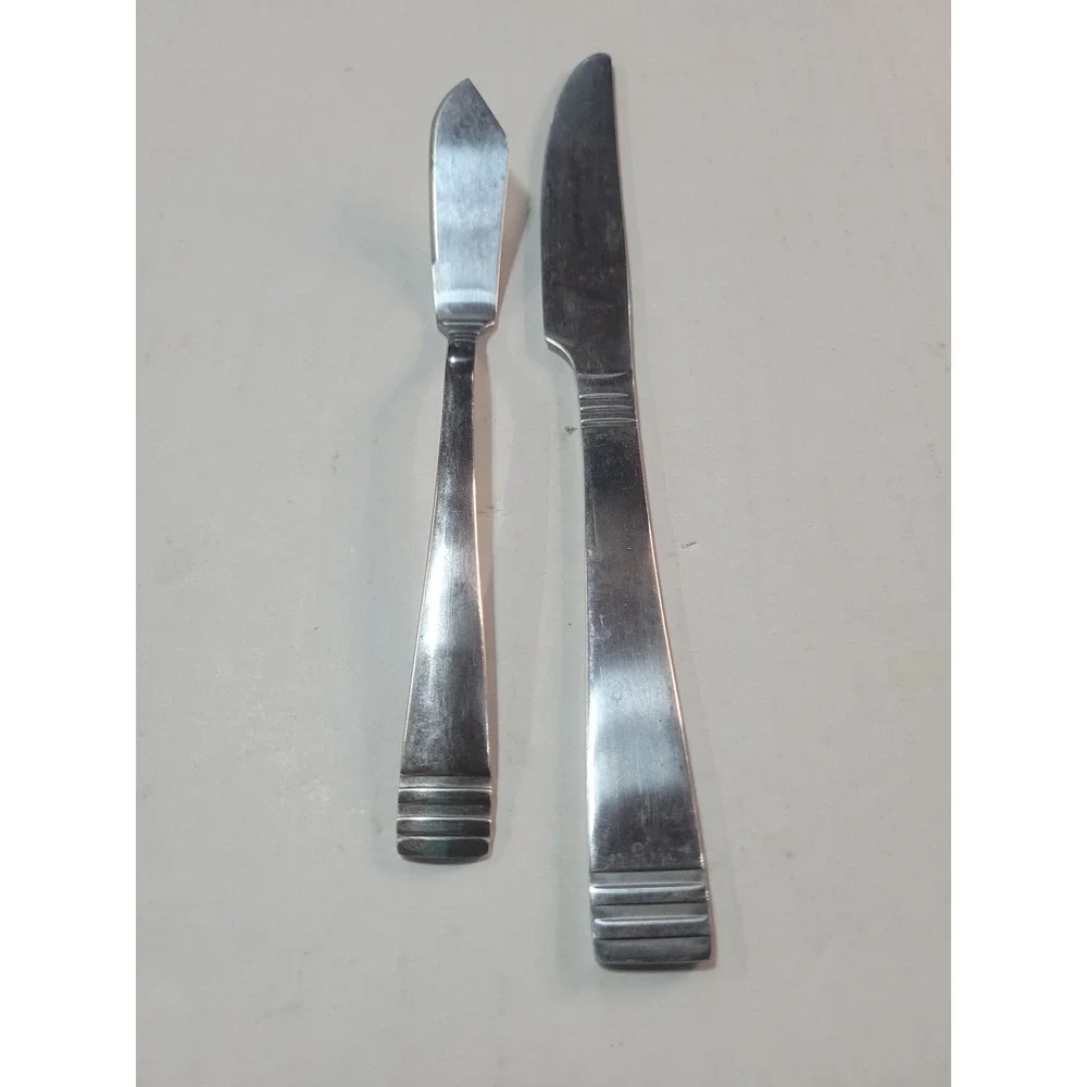 Stainless Steel Flatware Ribbed Base Dinner Knife‎ and Butter Spreader 2pc Set